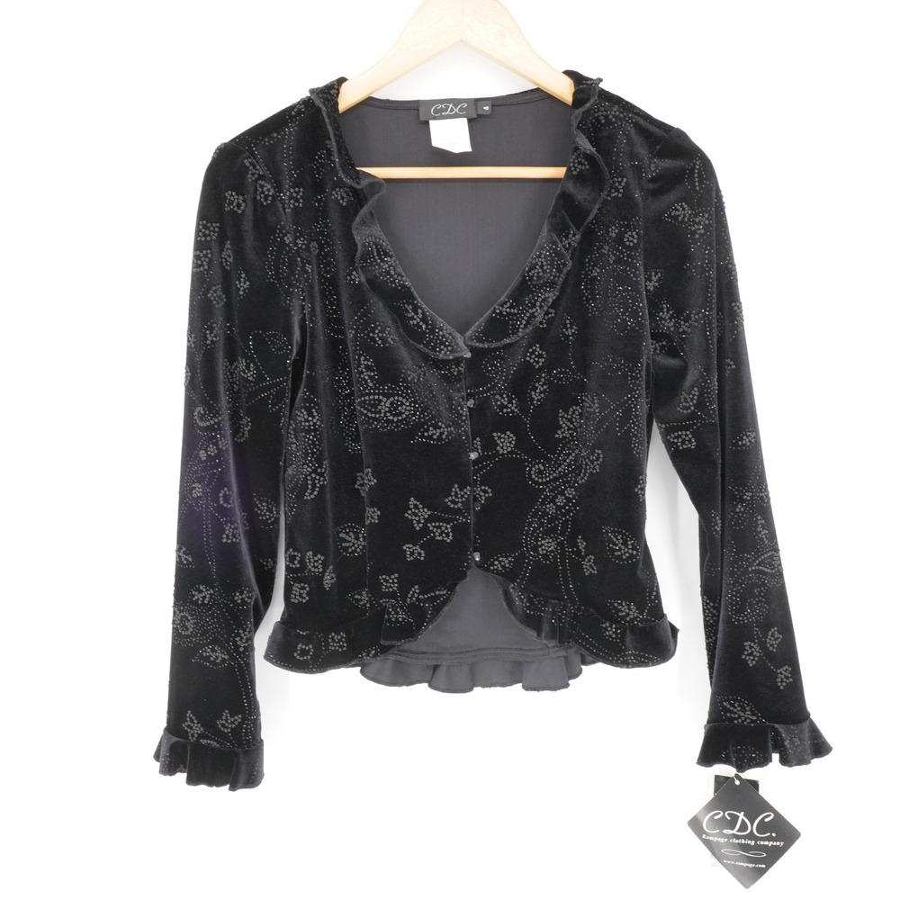 CDC Rampage Velvet Cardigan Black Glitter Rhinestone Womens 4 Whimsigoth Y2K